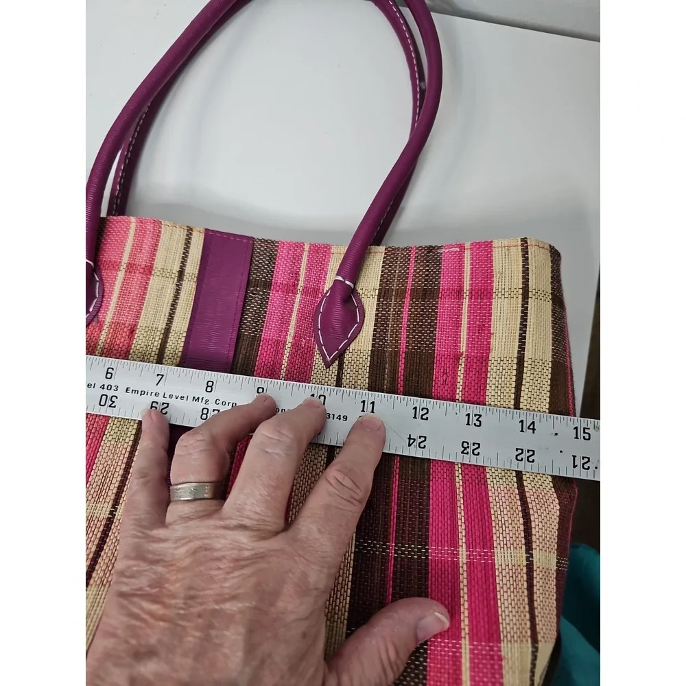 Handmade Woven Raffia Tote Bag Purple Faux Leather Straps Striped Boho Summer